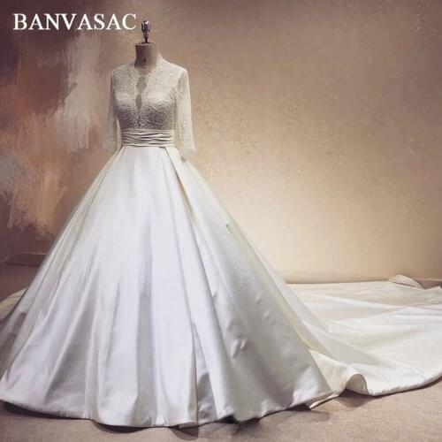 BANVASAC 2018 Vintage Real Photos Beadings Half Sleeve Ball Gown Wedding Dresses Lace Sash Cathedral Train Bridal Dresses