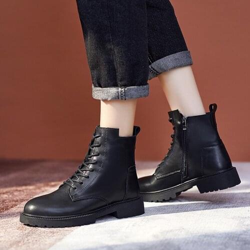 Black Lace Up Boots Women Split Leather Ankle Boots for Women 2022 Fashion Motorcycle Boots Thick Platform Boots