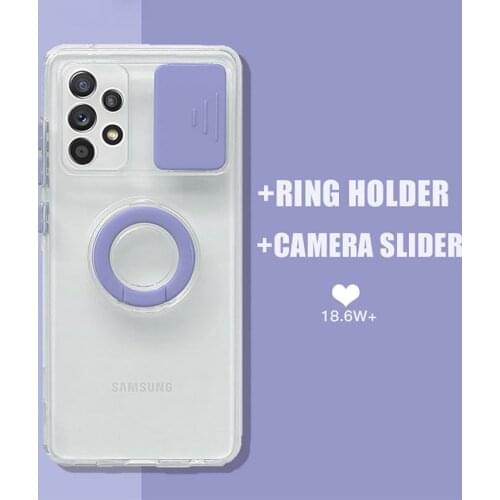 Slide Lens Camera Protection Phone Case For Samsung Galaxy A52 A72 A32 5GA12 S21 Plus Armor Ring Holder Clear Back Cover