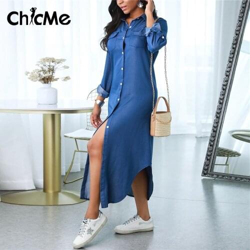 Chicme Autumn Women Button Through Slit Shirt Maxi Casual Denim Dress Femme Asymmetric Pocket Desigh Loose Streetwear Long Sleev
