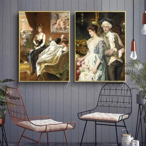 European Classical Poster Girl Woman Lady Couple Retro Canvas Oil Painting Wall Art Poster Living Room Home Dining Room Decor