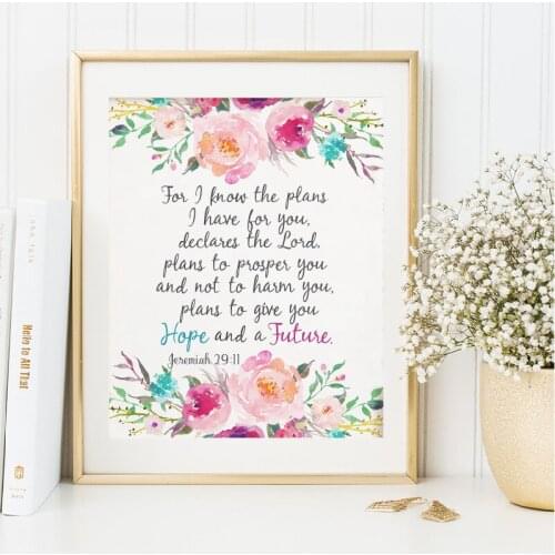 Bible Verse Jeremiah 29:11 Scripture Christian Wall Art Posters Prints Watercolor Flowers Canvas Painting Pictures Home Decor