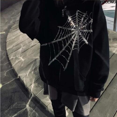 Za New Women Zipper Hooded Sweater Hot Diamond Cardigan Rhinestone Spider Web Goth Loose Jacket Korean Fashion Black Coats 2021
