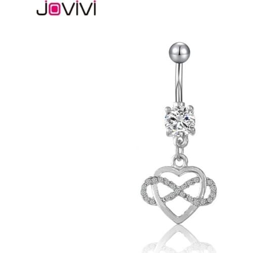 JOVIVI Belly Ring 1.6MM 14G Stainless Steel Rock Cubic Zirconia Crystal Silvery Infinite Heart Sex Bell Button Piercing Women