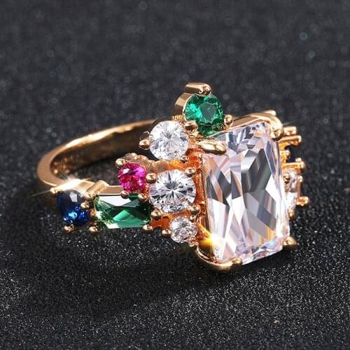 Luxury Female Rainbow Crystal Stone Ring Charm Gold Color Wedding Rings For Women Trendy Bride Square Zircon Engagement Ring