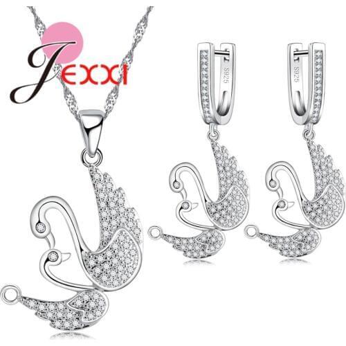 New Women 925 Sterling Silver Bridal Wedding Jewelry Sets Fashion Swan Pendant Necklace Earring Set Valentines Day Gift