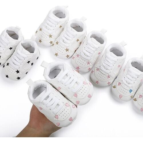 2020 Baby Shoes Newborn Boys Girls Stars First Walkers Kids Toddlers Lace Up PU Leather Soft Soles Sneakers 0-18M