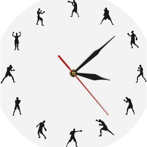 Round Shape Creative 3D Wall Clock Sport Theme Boxing Silhouette Decorative Clock Pugilism Art Watch Wall Clocks