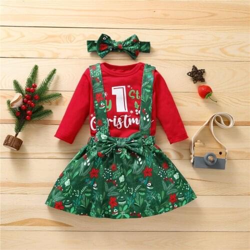 Fashion Newborn Baby Girls 3Pcs Christmas Clothes Letter Romper Suspender Skirt Headband Body Baby Suits 0-12Months