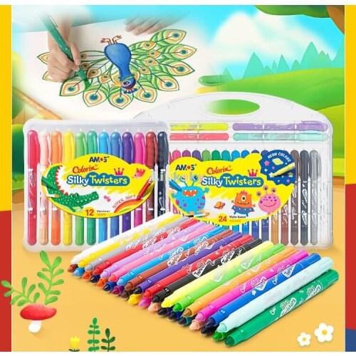 AMOS CST24 Colorful Silky Crayons 12 24 Colors Set, water-soluble rotating oil painting stick, children paint brush plastic Case