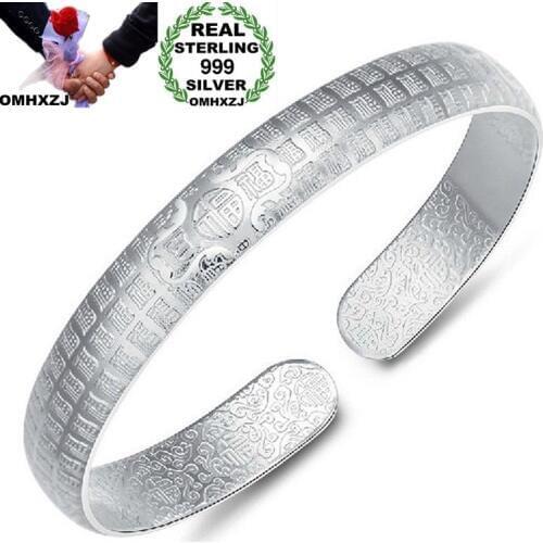 OMHXZJ Wholesale European Fashion Woman Man Party Wedding Gift Fortune Words S999 Sterling Silver Cuff Bangle BA34