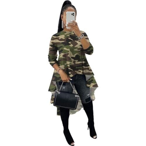 Autumn Clothing Women Long Sleeve Ruffles Tshirt Camouflage Tops 2020 Female Elegant O Neck Irregular Swallowtail Leopard Tops