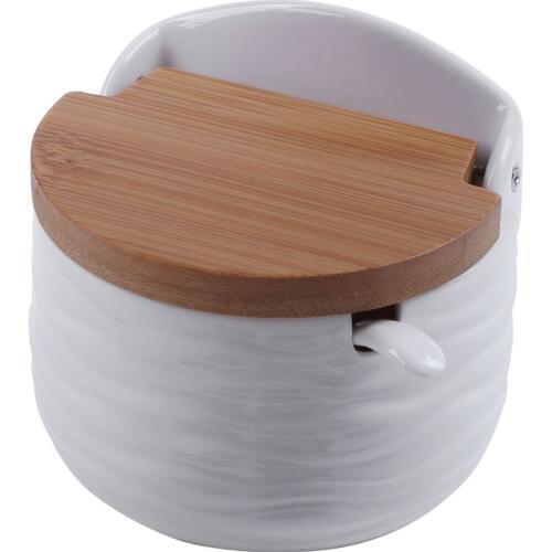 Practical Sugar Bowl, Ceramic Sugar Bowl with Sugar Spoon and Bamboo Lid for Home and Kitchen - Modern Design, White, 8.58 FL OZ