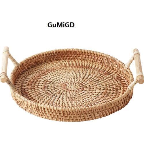Retro manual rattan bread basket double handle circular tray fruit basket tea table snack basket