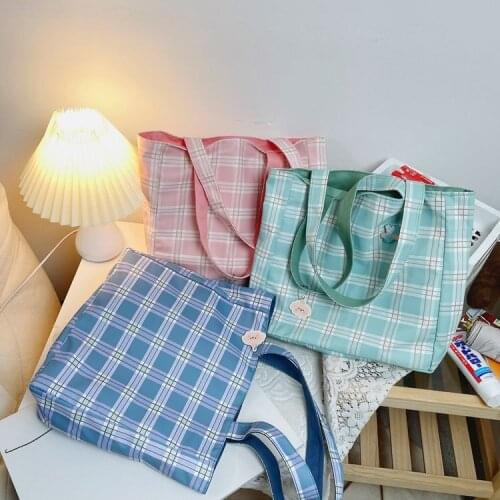 Japanese Simple Shoulder Bag For Women Large-capacity Tote Shopper Bag Plaid Canvas Two Sides Can Use Handbag Bolsa Feminina Bag