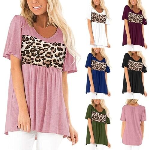 Womens Summer Leopard Print Stitching Short-Sleeved T-Shirt Top
