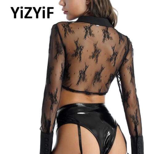 Womens Sheer See-Through Crop Tops Sexy Full Lace Turn-down Collar Long Sleeve Button Blouse Tops Shirt