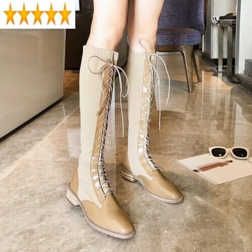 Up Women Lace Fashion Winter Knee High Sexy Strechy Patchwork Shoes Square Toe Block Low Heels Bikers Riding Knight Boots