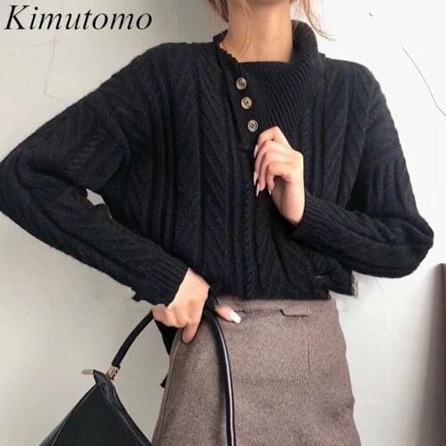 Kimutomo Women Elegant Turtleneck Sweater Spring Autumn Korea Ins Style Female Warm Solid Long Sleeve Knitted Pullovers Loose