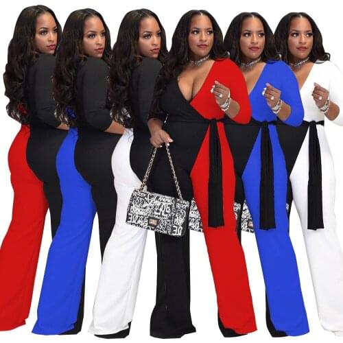 Contrast Color Patchwork Women Sexy Clubwear Jumpsuits 2021 Autumn V-neck High Waist Sashes Lace-up Plus Size Wide-leg Rompers