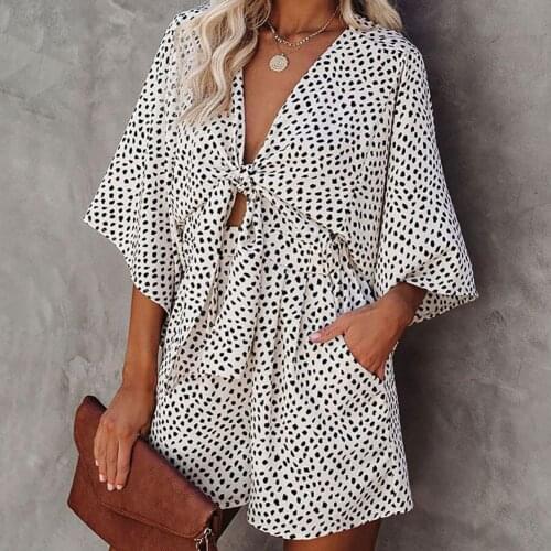 Batwing Sleeve Women Jumpsuit Dot Print One-piece Tie-up Bow V Neck Loose Romper Lady Overalls