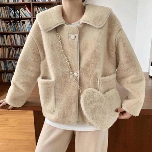 Luck A Women Autumn Winter Elegant Pocket Warm Faux Fur Coat Female Turn Down Collar Sweet Outerwears Ladys Thick Short Coats