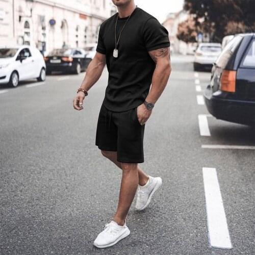 2021 Mannen Strand Twee Stukken Set Shortwear Ronde Hals Jogging Set Zomer Effen Kleur Broek Losse Mode Running