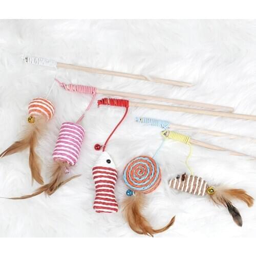 30cm Pet Cat Teaser Toys Feather Linen Wand Cat Catcher Teaser Stick Cat Interactive Toys Wood Rod Mouse Toy With Mini Bell
