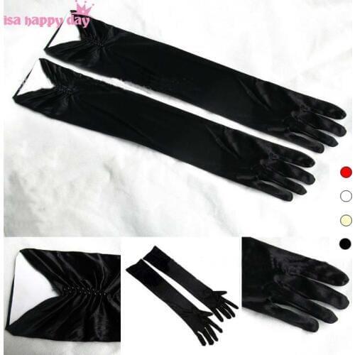 White or Ivory or Black Long Elbow Length beaded Satin Full Finger Wedding Gloves Bridal Gloves for Women Bride Party Prom
