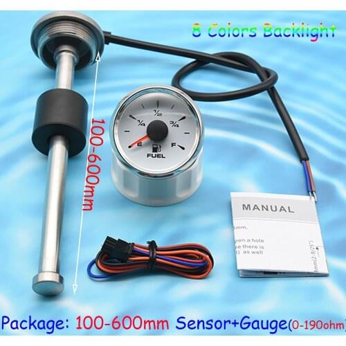 0-190ohm 8 Color Fuel Level Gauge with Fuel Float Sensor 150-600mm fit Waterproof 52MM Oil Level Gauge Marine Boat Car Motor