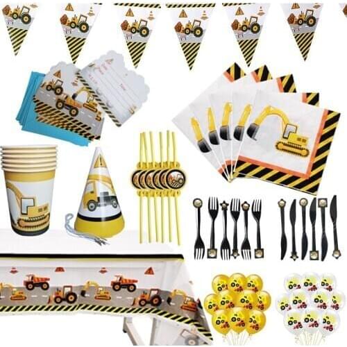 Construction Vehicles Excavator Cartoon Car Theme Birthday Party Decorations Paper Plate Straw Kids Party Balloon Decor Supplies