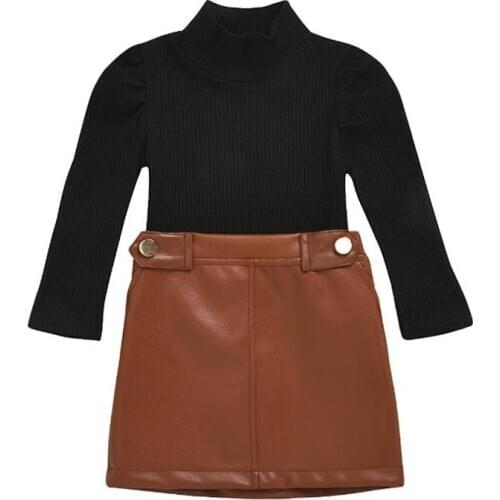 DFXD Toddler Girls Clothing Sets 2020 Autumn Black Turtleneck Knitted Bottoming Shirt+PU Leather Skirt Two Piece Cotton Outfit