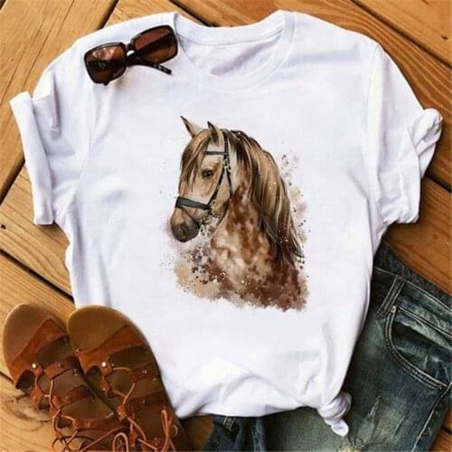 Watercolor Cartoon Horse Animals Printed T Shirt New Summer Women Tops Fashion Round Neck Woman Clothing Short Sleeve Tshirts