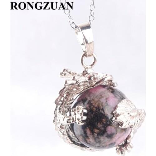 RONGZUAN Natural Stone Rhodochrosite Round Ball 16mm Bead Animal Dragon Charm Pendant Chain Necklace 18"Jewelry TN3144