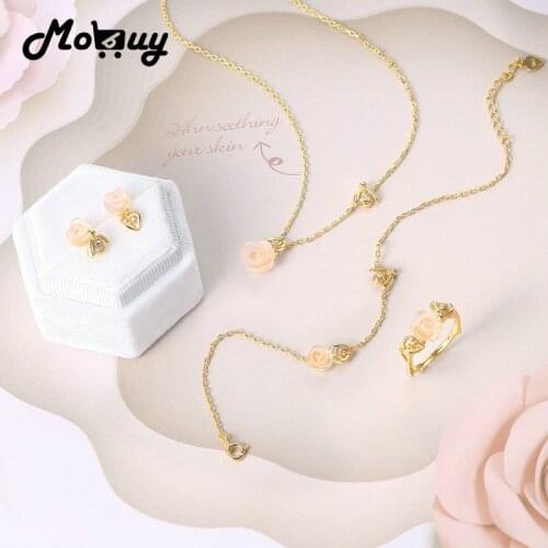 MoBuy Jewelry Set For Women 925 Sterling Silver Rose & Bee Natural Rose Quartz Flower 14K Gold Plated Fine Jewelry MBV069