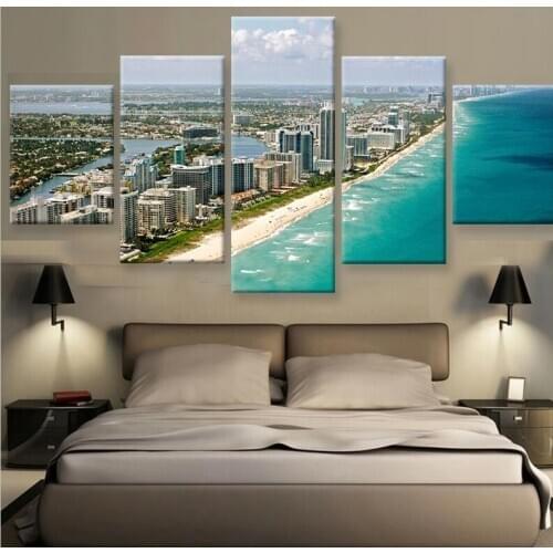 Miami Shore Canvas Painting Wall Art Prints Home Decor City Beach Picture 5 Panels For Living