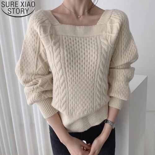 Fashion Twist Sweater Pullover Sweet Square Collar Sweaters Women 2021 Winter Clothes Elegant Solid Loose Knitted Tops 11121