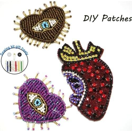 Fashion Heart beaded embroidered Patches for Clothing sew on rhinestone parches Appliques Decoration Badge parche