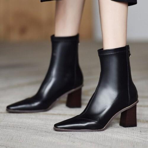 Autumn Winter Womens Boots Fashion Pointed Toe Mid Heels Martin Boots Black Beige Soft Pu Leather Women Ankle Boots Shoes