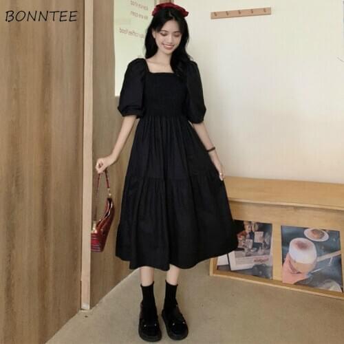 Dress Women Solid Summer Square Collar Simple Leisure Student Temperament Mid-calf Female Vestidos Puff Sleeve Ulzzang College