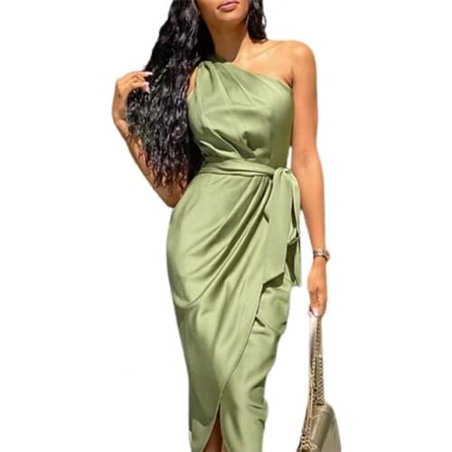 Sexy One Shoulder Satin Midi Dresses Women Elegant Ruched Lace Up Bodycon Party Dress 2021 Summer Sleeveless Slit Pink Dress