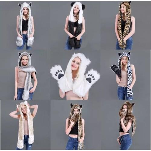 10 Styles Faux Fur Hood Animal Hat Ear Flaps Hand Pockets 3 in1 Animal Hat Wolf Plush Warm Earmuff Animal Cap with Scarf Gloves