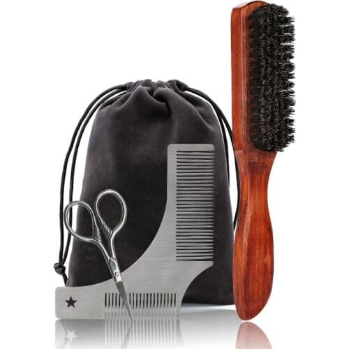 Bristle Wooden Handle Brush Two-Sided Stainless Steel Comb Beard Grooming Set With Gift Package