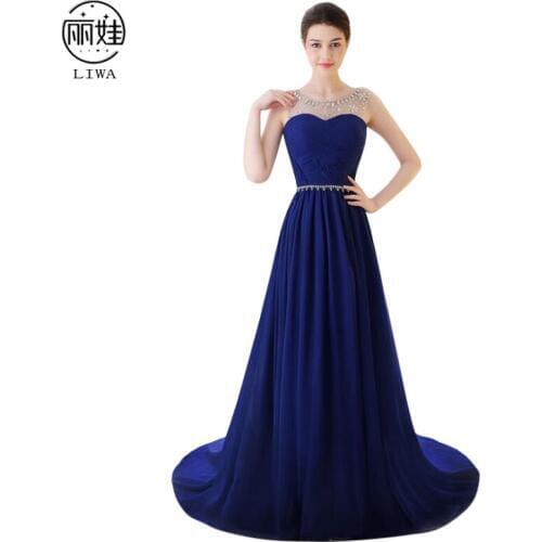Beading Sweep Train Chiffon Evening Dress O-neck Sleeeveless Vestido De Festa Solid Color Floor-length Party Dresses LF53