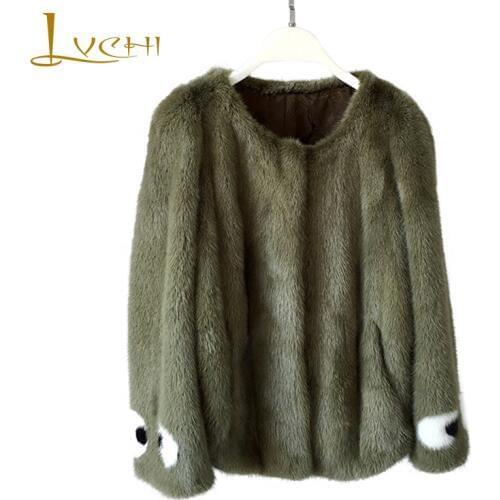 LVCHI 2019 Real Mink Fur Coats Womens Coat Full Pelt Causal Cartoon Eye Pattern Long Sleeve Green Soft Slim Fashion Mink Coats