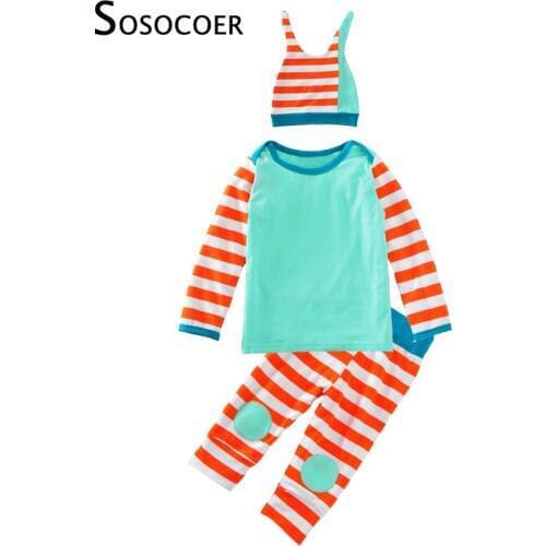 SOSOCOER Baby Girl Clothing Sets 3pcs Stripe T Shirt+Pants+Hat Cap Kids Baby Clothes Autumn Winter Cute Boys Girls Clothing Set