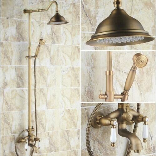 Vintage Antique Brass Dual Ceramic Handles Bathroom 8.2 Inch Round Rain Shower Faucet Set Bath Tub Mixer Taps Hand Shower mrs241