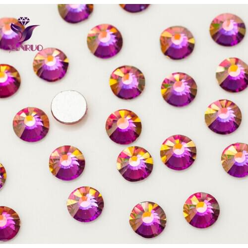 YANRUO Fuchsia AB (502AB) Non HotFix Glass Crystal Flatback Beads on Dance Dress Party Strass Self Adhesive Rhinestones
