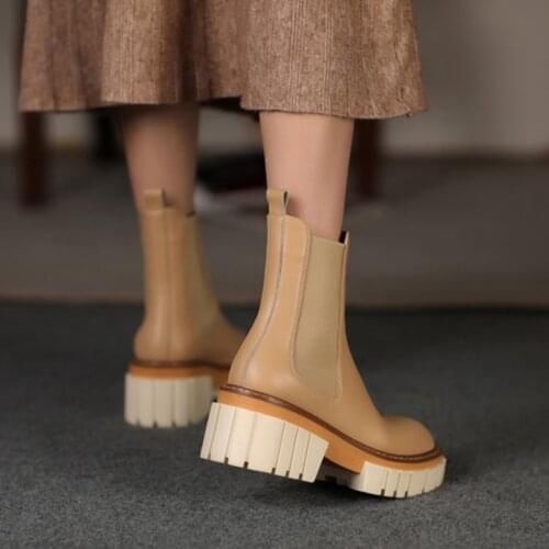 New Fall Shoes Round Toe Platform Shoes for Women 2021 Fashion Women Boots Cow Leather Thick Heel Boots Women Winter Shoes Women