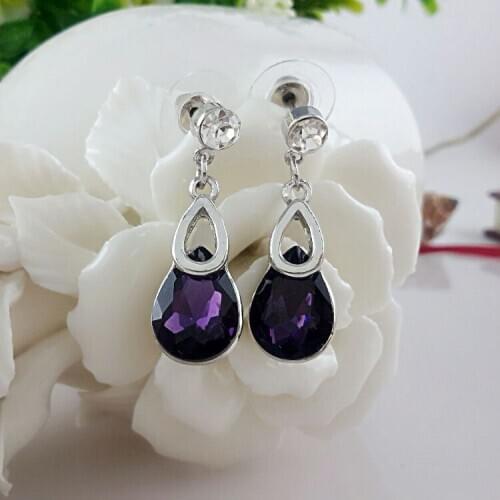Womens 100% Fine 925 sterling silver transparent classic earrings drop purple bride Christmas gift E068
